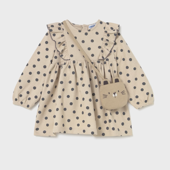 Mayoral Ruffled L/S Polka Dot Dress & Bag Style 2920 - Tapioca